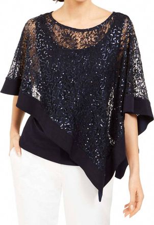 R & M Richards Womens Sequined Overlay Top In Navy/blue