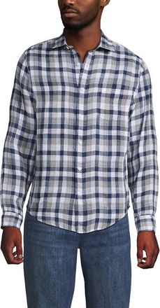 Lands End Long Sleeve Linen Shirt in Light Indigo Blue/tan Plaid at Nordstrom, Size Xx-Large
