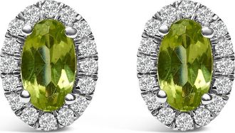 House of Brilliance 10K White Gold 5x3 MM Oval Cut Birthstone and Diamond Halo Stud Earrings in Green Peridot at Nordstrom