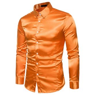 Generic Mens Paisley Satin Dress Shirts Regular Fit Solid Silk Casual Long Sleeve Dance Party Shirt Button Down Tuxedo Luxury Shirt(Orange,X-Large)