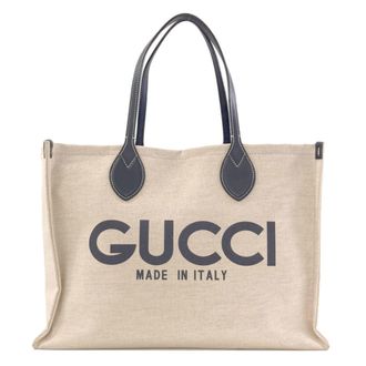Gucci Beige Navy Canvas Pouch Tote Bag (Pre-Owned)