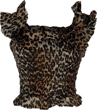 Ganni Ganni Leopard-Print Off-Shoulder Top in Brown Lyocell