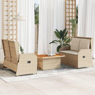 vidaXL Set Muebles De Jard&iacute;n 3 Piezas Y Cojines Rat&aacute;n Sint&eacute;tico Beige