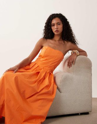 Asos Vestito lungo a fascia con gonna a ruota arancione spritz