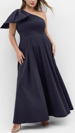 City Chic Captivated One Shoulder Maxi Dress in Navy at Nordstrom, Size 24W