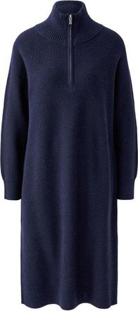 Oui Ribbed Midi Jurk met Troyer Kraag - Dames - Kleedjes - Blauw - L - Wol - Kleedjes