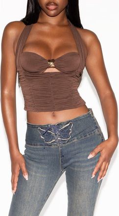 Tiger Mist Briallen Ruched Crop Halter Top in Chocolate Brown at Nordstrom, Size Xx-Small