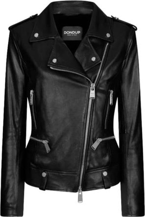 Dondup Zwarte Bikerjas met Imitatiebont - Dames - Leren en Su&egrave;de Jassen - Zwart - XL - Leer - Jassen