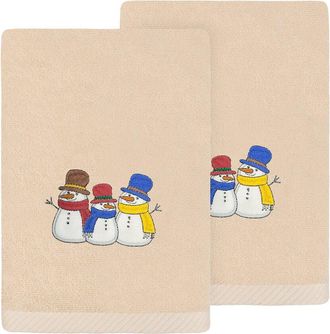 Linum Home Textiles Set Of 2 Christmas Snow People Embroidered Luxury 100% Turkish Cotton Hand Towels