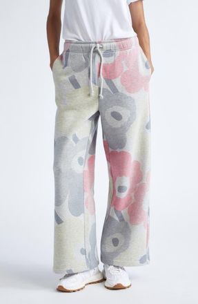 Marimekko Kikapo Unikko Floral Wide Leg French Terry Sweatpants in Grey Melange Pink L Yellow at Nordstrom, Size Large