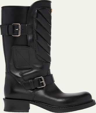 Valentino Garavani 40mm Rayons Leather Mid-Calf Moto Boots