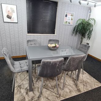 Kosy Koala Modern Rectangle Grey Glass Dining Table Set With 6 Grey Velvet Chairs Dining Room Furniture in Brown