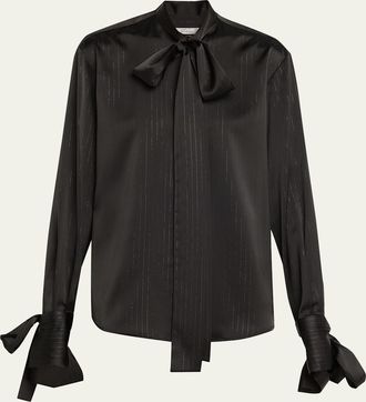 LaQuan Smith Bow-Neck Metallic Pinstripe Satin Blouse