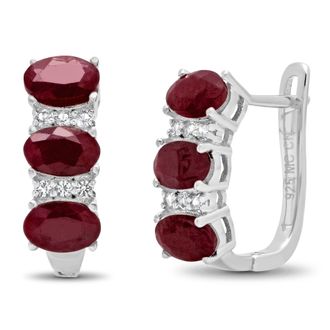 MAX + STONE Sterling Silver Oval Genuine Gemstone and White Topaz J Hoop Earrings
