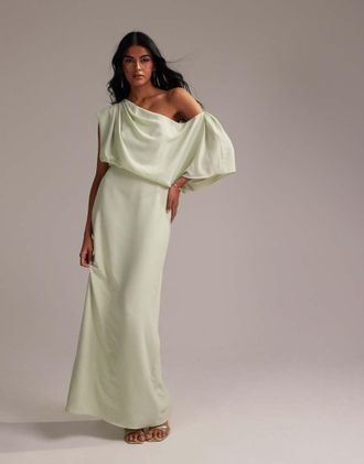 Asos Bridesmaids crepe one shoulder draped maxi dress in light green