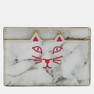 Charlotte Olympia Grey Marble Print Leather Kitty Card Holder