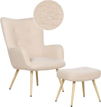 Beliani Beliani - Wingback Mid-Century Modern Boucle Upholstered Armchair Ottoman Set Beige Vejle ii