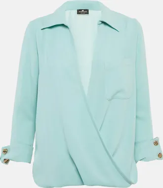 Elisabetta Franchi Blue Crepe Plunking Neck Blouse