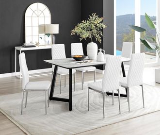 Furniturebox Carson White Marble Effect Dining Table & 6 Milan Chrome Leg Chairs