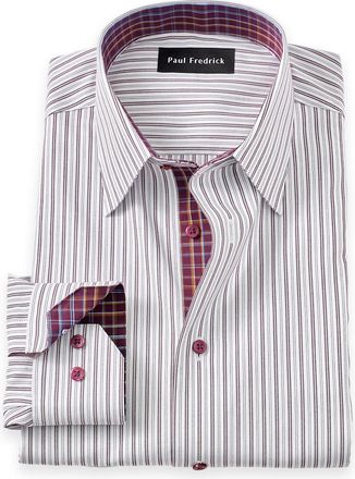Paul Fredrick Non-iron Cotton Stripe Dress Shirt With Contrast Trim
