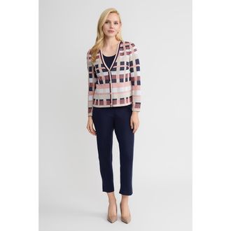 Ming Wang Heritage Jacquard Colorblock Knit Cardigan in Sunkist Coral/indigo/tan at Nordstrom, Size X-Large P