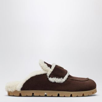 Prada Sabot in pelle scamosciata e montone marrone