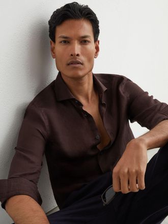 Reiss Chocolate Brown Linen Cutaway-collar Regular-fit Shirt, Xxl