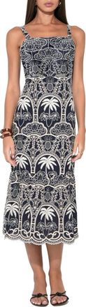 Adelyn Rae Evangeline Embroidered Scalloped Hem Cotton Midi Dress in Navy/Ivory at Nordstrom, Size X-Small