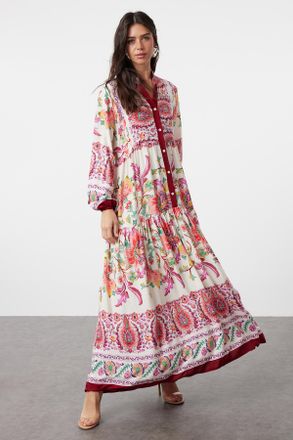 Trendyol Modest Dames Bordeaux Etnisch patroon Maxi Lang Casual A-lijn Modest Jurken