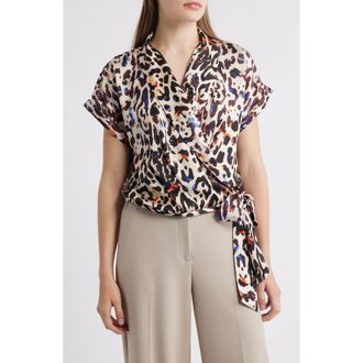 Tahari by ASL Side Tie Wrap Top in Sand Royal Leopard at Nordstrom, Size X-Large