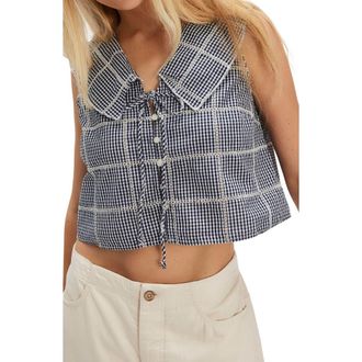 Free People Waiting For Me Crop Cotton Button-Up Top in Navy Combo at Nordstrom, Size X-Small