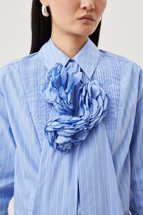 Karen Millen Striped Cotton Tie-Neck Rosette Shirt in Blue at Nordstrom, Size 12