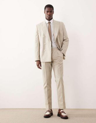 Asos Pantaloni da abito slim in misto lino color pietra gessato-Neutro