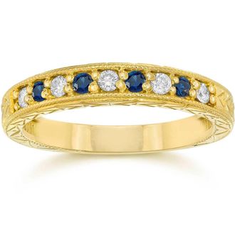 Pompeii3 1/4Ct Blue Sapphire & Diamond Vintage Ring 14K Yellow Gold Size Selectable