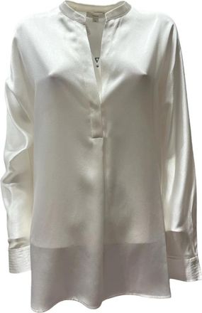 Vince Band Collar Zijden Blouse - Dames - Blouses - Wit - L - Overhemden