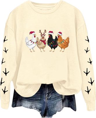Generic Christmas Chicken Jumper WomenS Christmas Sweatshirts Funny Christmas Retro Print Crew Neck Sweatshirt Casual Long Sleeve Pullover Oversized Dressy Tr