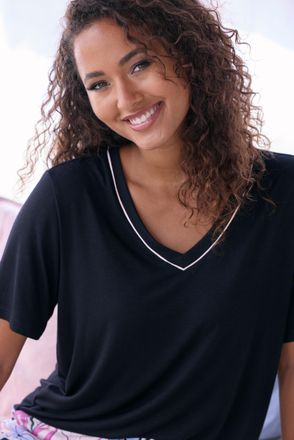 Lascana Pyjama LASCANA, Damen, Gr. 32/34, rosa (rosa, schwarz, gebl&uuml;mt), Single Jersey, Obermaterial: 50% Baumwolle, 45% Viskose, 5% Elasthan, gebl&uuml;mt, bequem