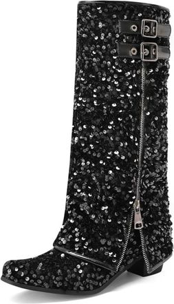 Generic Womens mid calf sequin boots shiny double buckle side zip pointed toe textured upper,Black,3.5 UK