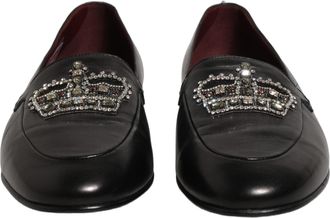 Dolce & Gabbana Mens Black Leather Crown Embellished Loafers Shoes