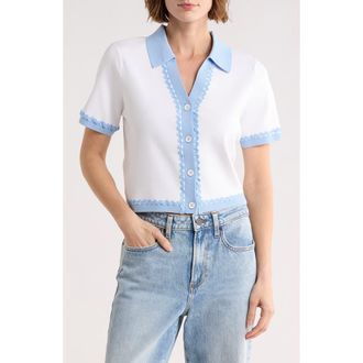 Ellen Tracy Stripe Lace Trim Short Sleeve Cardigan in White at Nordstrom Rack, Size X-Small