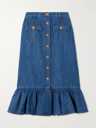 Valentino Garavani Gonna Midi In Denim Con Ruche - Blu