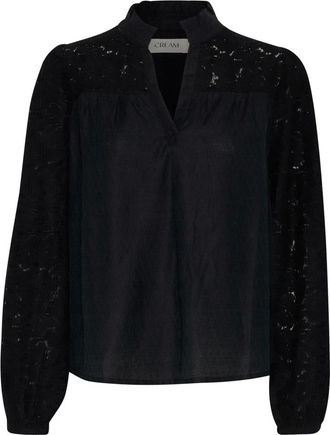 Cream Elegante Kant Blouse met Pofmouwen - Dames - Blouses - Zwart - S - Overhemden
