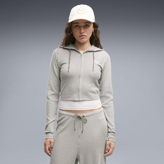 Puma Felpa con cappuccio slim a coste con zip Essentials da donna, Abbigliamento, Beige, XL