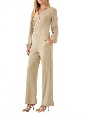 Free the Roses Rib Wide Leg Jumpsuit In Taupe