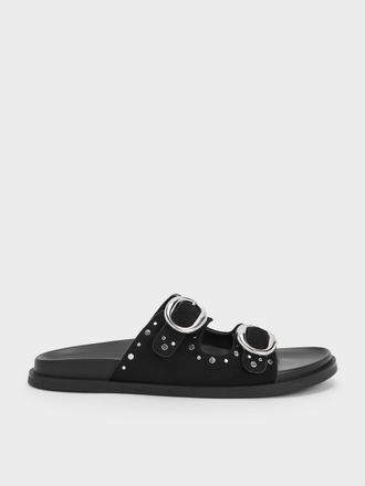 Charles & Keith Studded Buckled Double-Strap Slides