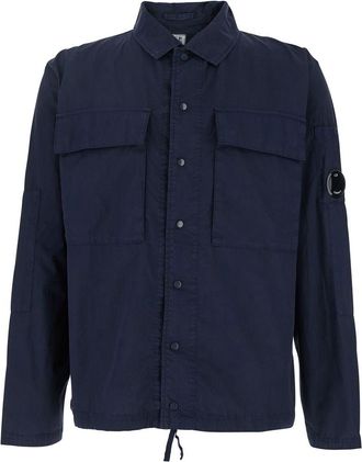 C.P. Company Blue Jacket With Classic Collar And Logo Patch On The Sleeve In Cotton Man