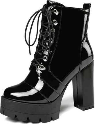 Generic Womens Patent Leather Ankle Boots, 11.5Cm Block Heel Lace-Up Boots Elegant Round Toe Ankle Boots Plus Size Autumn Winter Ankle Shoes for Outdoor Parti