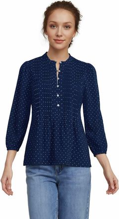 Lands End Lightweight Jersey Button Pintuck Top in Ivory/blue Bouquet at Nordstrom, Size X-Large