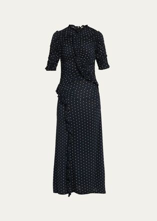 Sea New York Jeanne Polka Dot Ruched Ruffle Short-Sleeve Midi Dress