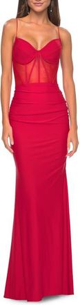 La Femme Jersey Dress with Illusion Waist and Bustier Top in Red at Nordstrom, Size 00